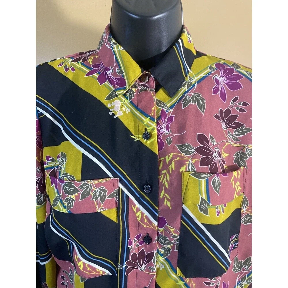Multicolor Floral/striped Button Up Top With Pockets/button Sleeves Size XS - Picture 2 of 16